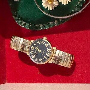Geneva Gold-Tone Watch with Black Dial and Stretch Bracelet